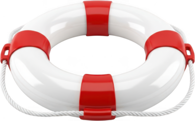 White life preserver ring with red accents and rope details a classic safety flotation device symbolizing rescue and water safety lifebuoy life ring safety equipment emergency transparent background