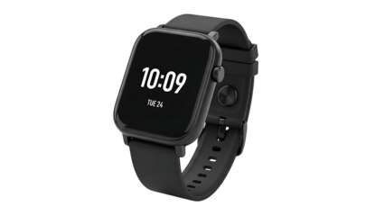 Black smartwatch displaying time and date