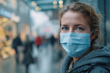 Urban scene with a masked woman, calm expression, emphasizing safety and resilience amid a global health event