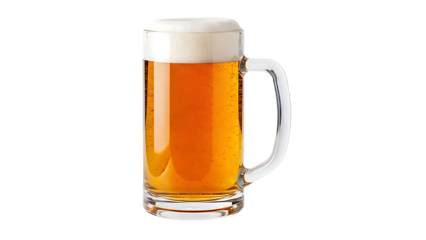 Glass mug of beer with foam on transparent background