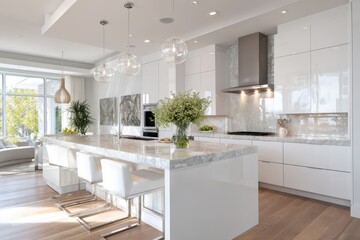 Fototapeta premium Luxurious white kitchen interior with warm wood floor and a large central island