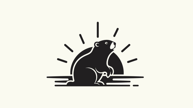 A minimalist black silhouette logo of a groundhog or beaver standing with a rising sun and rays in the background.
