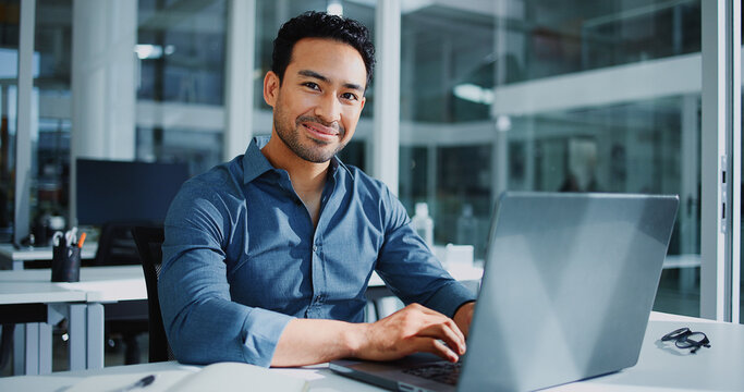 Accountant, portrait and smile in office with laptop, pride and bookkeeping as businessman. Male person, manager and tech for finance agency, banking and investment opportunity for payroll in job