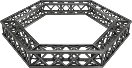 Hexagonal metallic truss structure with intricate crisscross support beams forming a geometric frame presented as a design element industrial construction framework modular transparent background