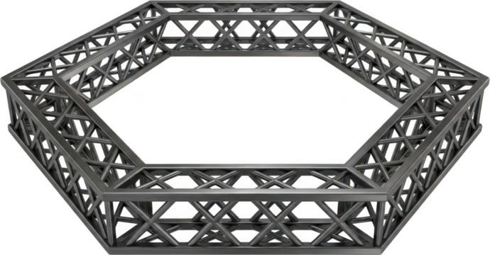 Hexagonal metallic truss structure with intricate crisscross support beams forming a geometric frame presented as a design element industrial construction framework modular transparent background - Powered by Adobe
