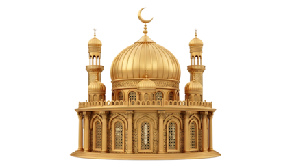 Golden mosque model with intricate designs and domes