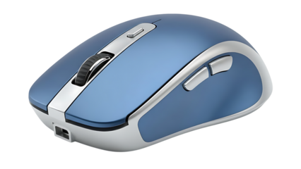 Blue and silver wireless computer mouse with scroll wheel