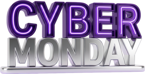 Bold metallic silver letters of MONDAY sit below glowing purple neon letters spelling CYBER in a 3D render cyber monday sale promotion shopping holiday discount lettering transparent background