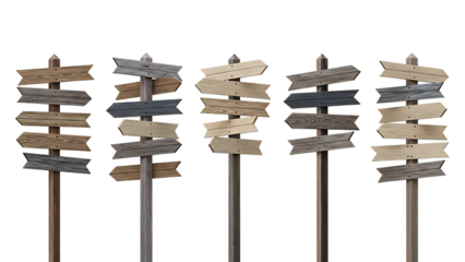 Four wooden signposts with multiple directional signs