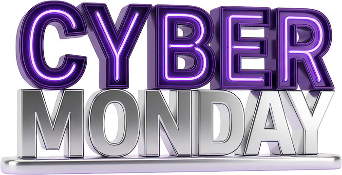 Bold metallic silver letters of MONDAY sit below glowing purple neon letters spelling CYBER in a 3D render cyber monday sale promotion shopping holiday discount lettering transparent background - Powered by Adobe
