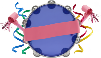 Festive blue tambourine with pink party blowers and colorful streamers ideal for celebrating any joyful occasion music percussion instrument celebration confetti noise maker transparent background