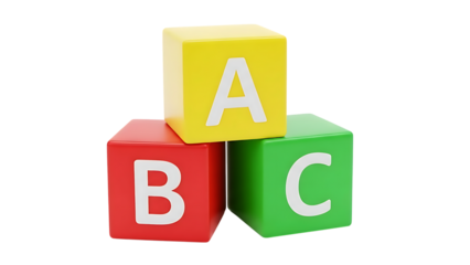 Three colorful blocks spelling ABC on grid background