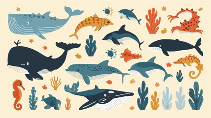 Whimsical illustration of ocean life featuring various whales, dolphins, sharks, seahorses, turtles, and colorful coral and seaweed.