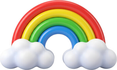 Vibrant cartoon rainbow with fluffy clouds arching gracefully featuring red yellow green and blue color bands colorful sky weather fantasy bright cheerful happy joy optimism transparent background