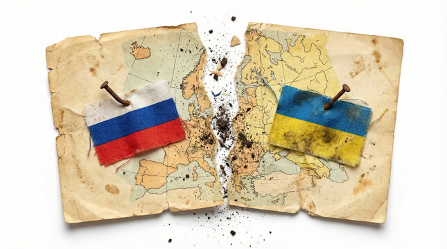 Torn map with Russian and Ukrainian flags symbolizing conflict and division