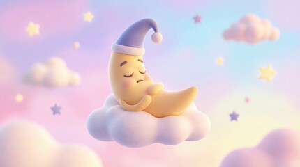Adorable 3D Crescent Moon With Nightcap, Bedtime Concept