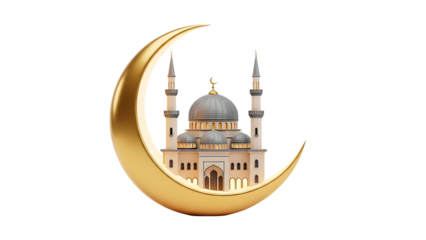 Golden crescent moon with mosque illustration