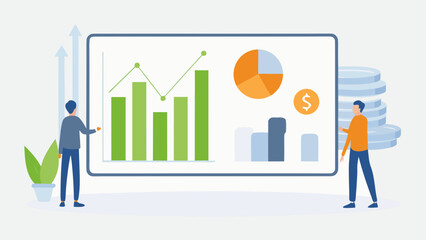 Fototapeta premium Vector illustration of two business professionals analyzing economic data on a large screen with graphs and charts showing financial growth and statistics