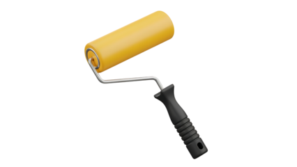 Yellow paint roller with black handle on checkered background