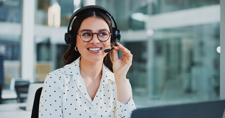 Happy, agent and woman with headset, call center and communication with contact for lead...