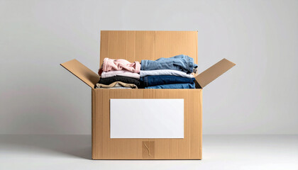 Cardboard donation box with blank label filled with folded clothing including jeans, sweater, and shirt, placed on light background, symbolizing charity and community support