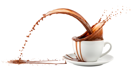 Hot chocolate splashing into white cup and saucer