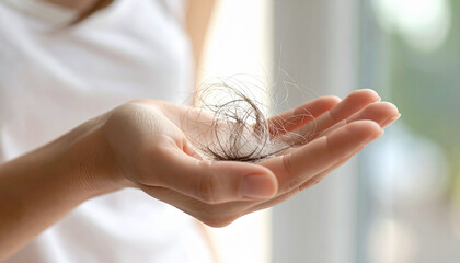 Adult woman holding loose clump of shed hair in her palm, showing concern about hair loss, close up indoors with natural light and soft focus background