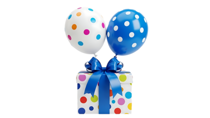 Two Polka Dot Balloons on Gift Box with Blue Ribbon
