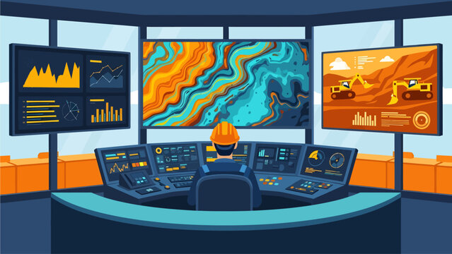 Surrounded by panoramic monitors, a helmeted operator manages remote mining activities, analyzing vibrant geological scans and heavy machinery performance from a high-tech command center