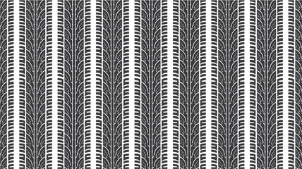 A repeating pattern of vertical black and white tire tracks on a white background, showcasing intricate tread details and a sense of movement.