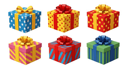 Obraz premium Six colorful gift boxes with bows on transparent background