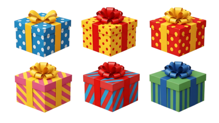 Six colorful gift boxes with bows on transparent background