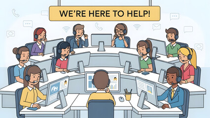 Customer Support Call Center Meeting. Diverse team engages in customer support discussion around a conference table, promoting communication and teamwork.