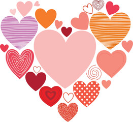 Assorted patterned hearts in shades of pink, orange, and red form a large heart shape for a romantic graphic concept.