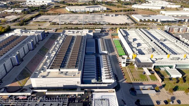 Aerial view of large modern AI infrastructure IT data centers in Richardson, Texas New industrial growth in USA.