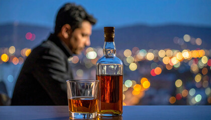 Whiskey bottle glass city bokeh nighttime man blurred background urban evening contemplative drink. glass and bottle of whiskey sit table with blurred man and city lights background evoking