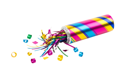 Colorful party popper with confetti on transparent background