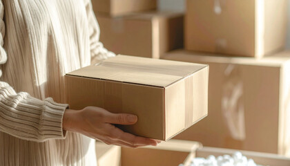 Woman holding cardboard box in bright home environment, surrounded by unbranded carton boxes and packing peanuts, conveying calm and organized packing vibe