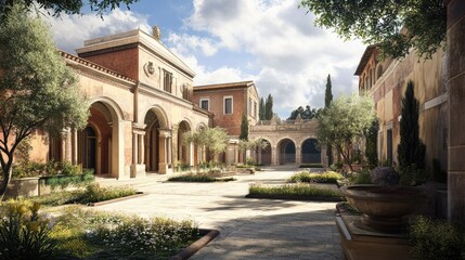 Obraz premium Serene Roman Courtyard: A Digital Recreation of Ancient Architecture and Landscaping