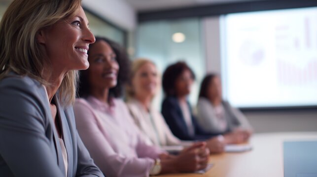 Group of professional women smiling, listening and collaborating during a business conference - Powered by Adobe