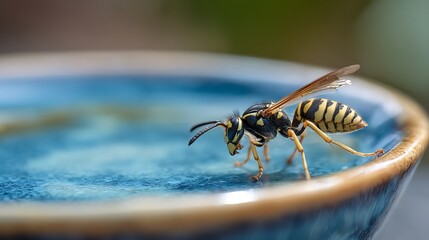 A macro close up of a small yellow bee with delicate wings on a flower and water, isolated against a blue background as a wild nature insect in the wildlife