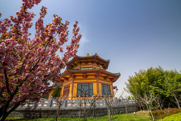 Pilu Palace in the Nanshan scenic area of the Jiaodong Peninsula on a sunny summer day, Longkou,...