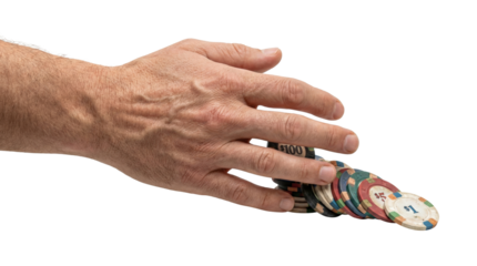 Male hand pushing over a stack of casino chips