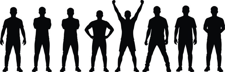 Silhouette illustration of athletic men standing in different body poses and gestures on white background for fitness and sports design