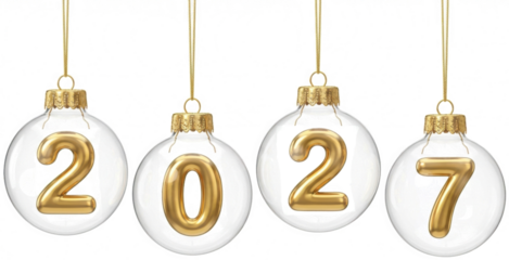 Four frosted glass Christmas ornaments each containing a gold number displaying the year 2027 on gold strings gold numbers holiday new year celebration festive decorative transparent background