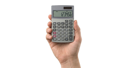 Male hand holding a standard silver digital calculator