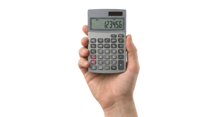 Male hand holding a standard silver digital calculator