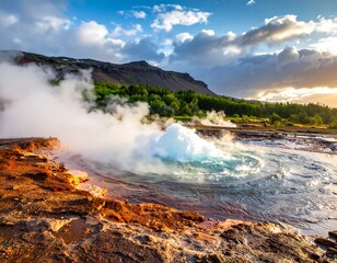 A geyser erupting steam, under a partly cloudy sky at sunset
