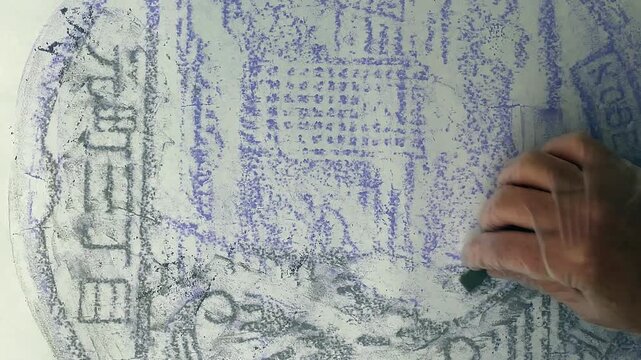 Closeup: Person traces manhole cover artwork onto paper with charcoal