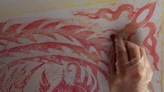 Close-up hand traces underlying design using red charcoal on art paper
